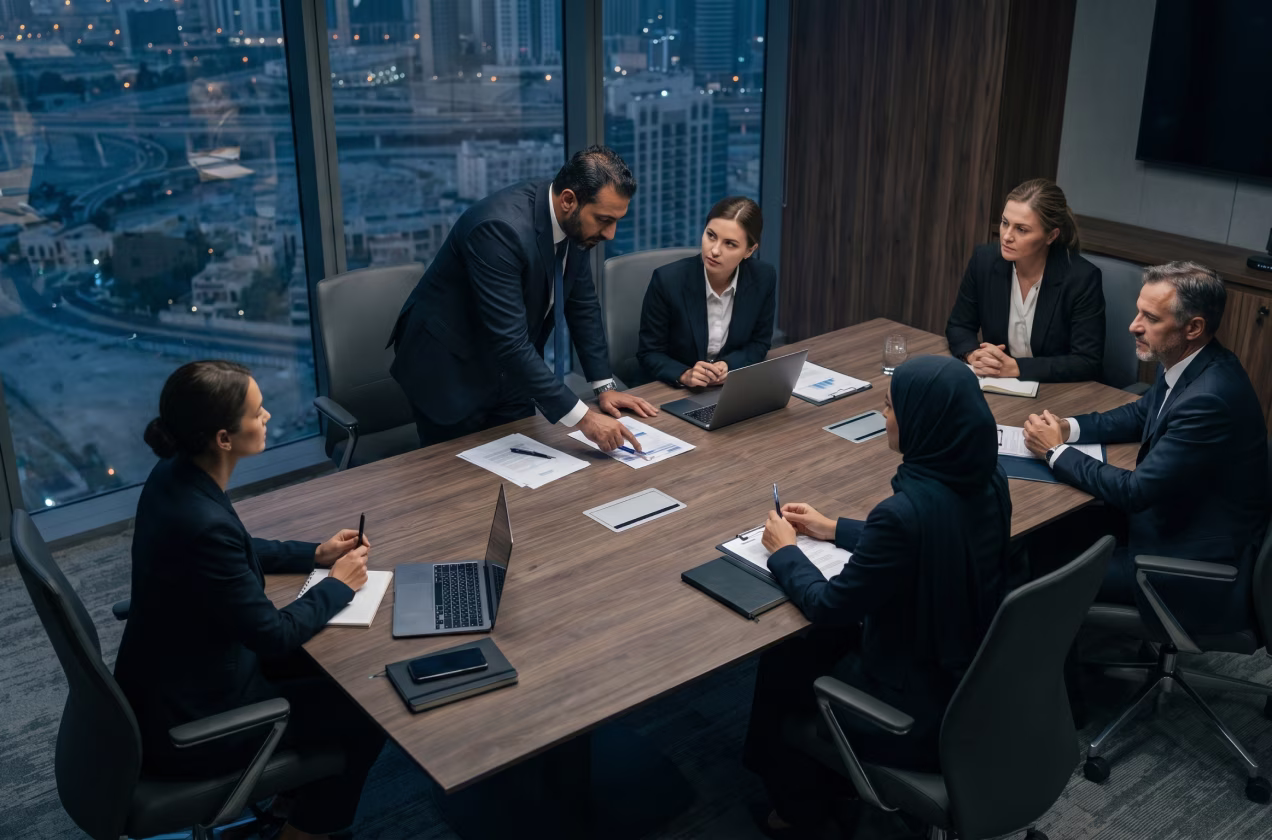 Business team in formal attire having a meeting around a conference table with city view at night.