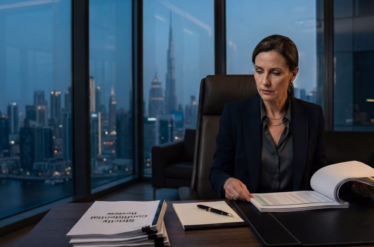 Businesswoman reviewing documents at desk in office with city skyline and Burj Khalifa visible.