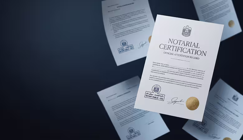 Official notarial certification documents with stamps, signatures, and a gold seal on a dark background.