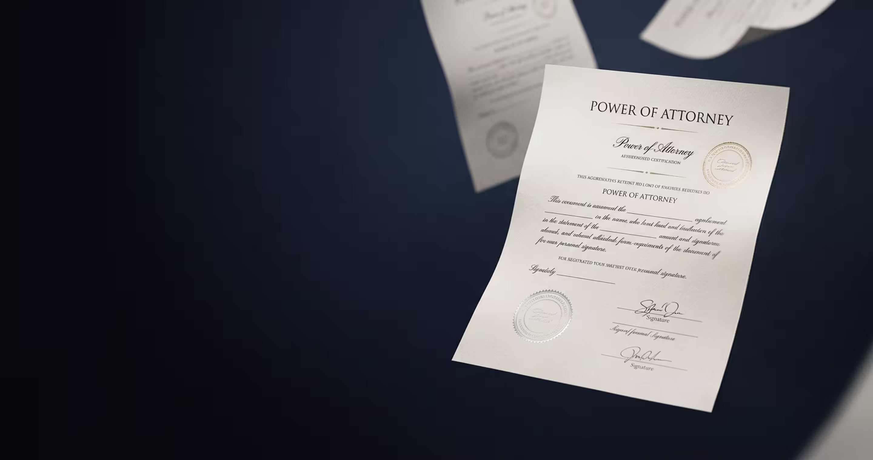 Official Power of Attorney document with signatures and seals on a dark background.