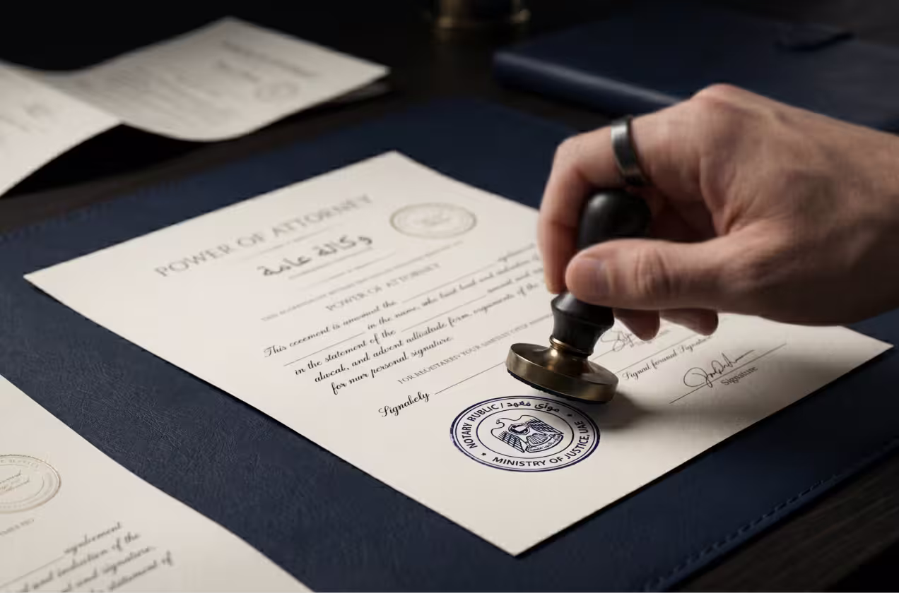 Hand pressing a stamp on a power of attorney document with a notary public seal.