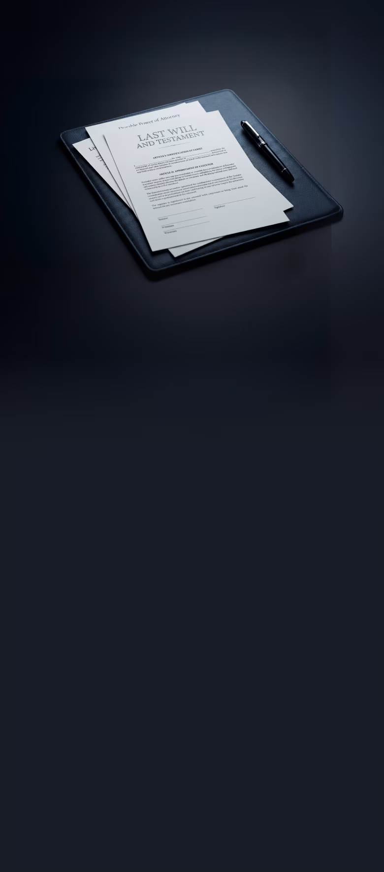 Last Will and Testament documents and a pen on a black leather folder against dark background.