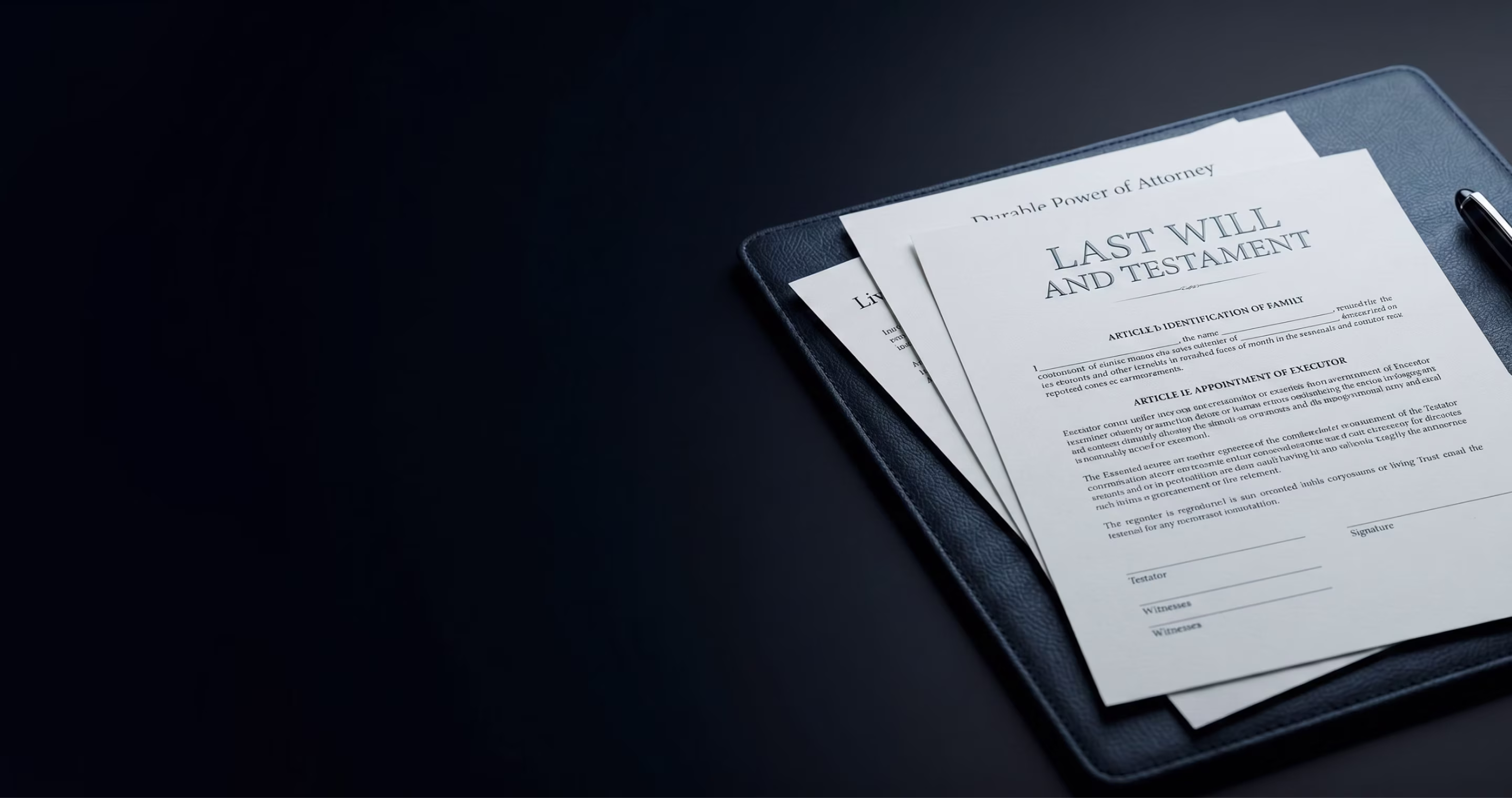 Documents titled Last Will and Testament and Durable Power of Attorney on a dark surface with a pen.