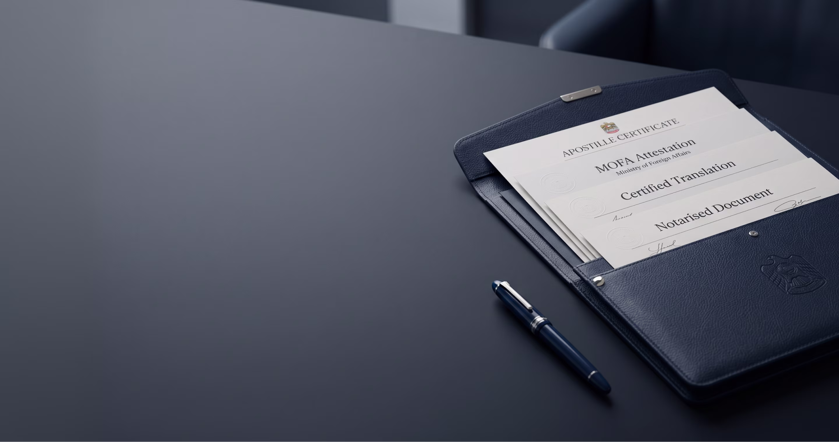 Documents labeled Apostille Certificate, MOFA Attestation, Certified Translation, and Notarised Document in leather folder.