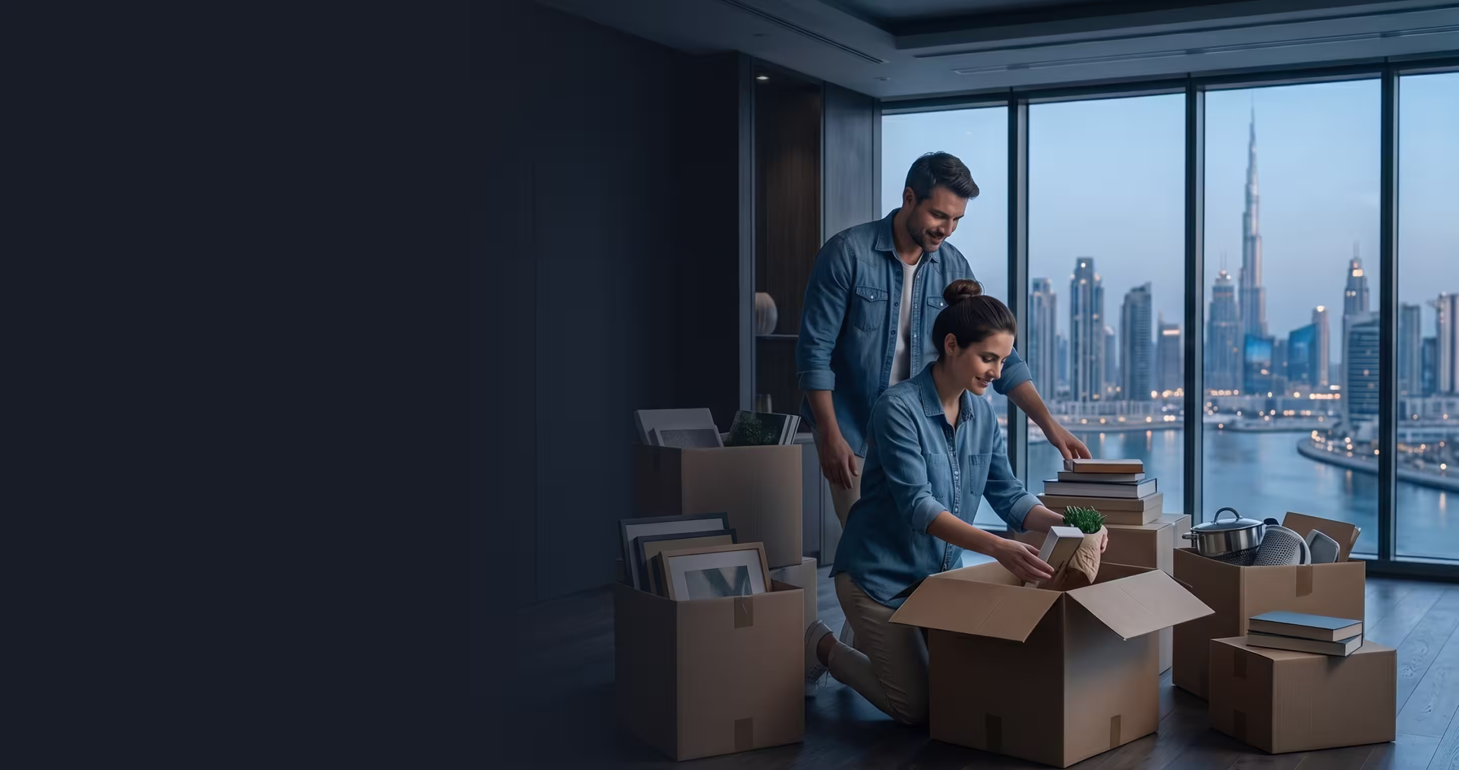 Couple unpacking boxes in a high-rise apartment with a city view at dusk.