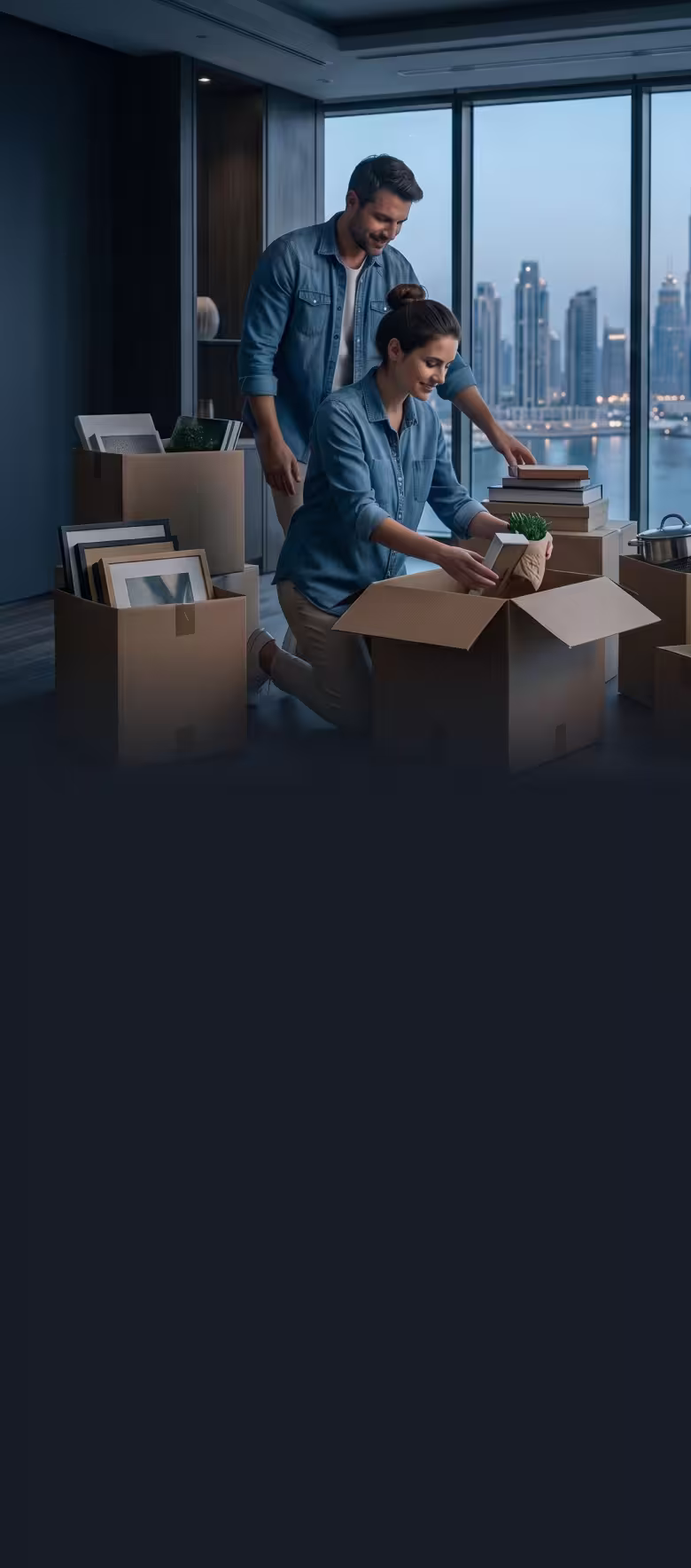 Couple unpacking boxes with books and plants in a modern apartment with city skyline view.