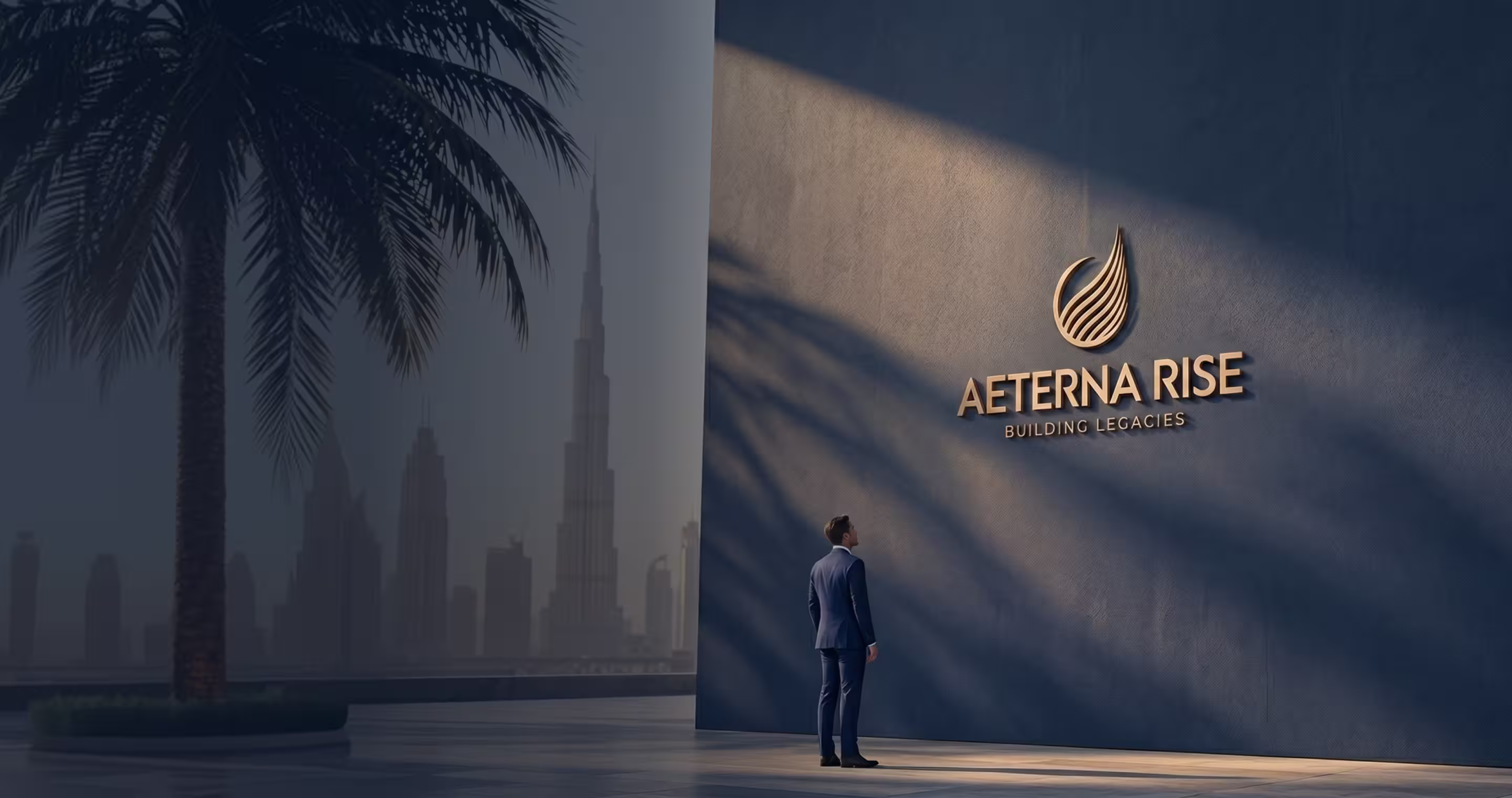 Man in suit looking at Aeterna Rise Building Legacies logo on a tall wall with city skyline and palm tree.