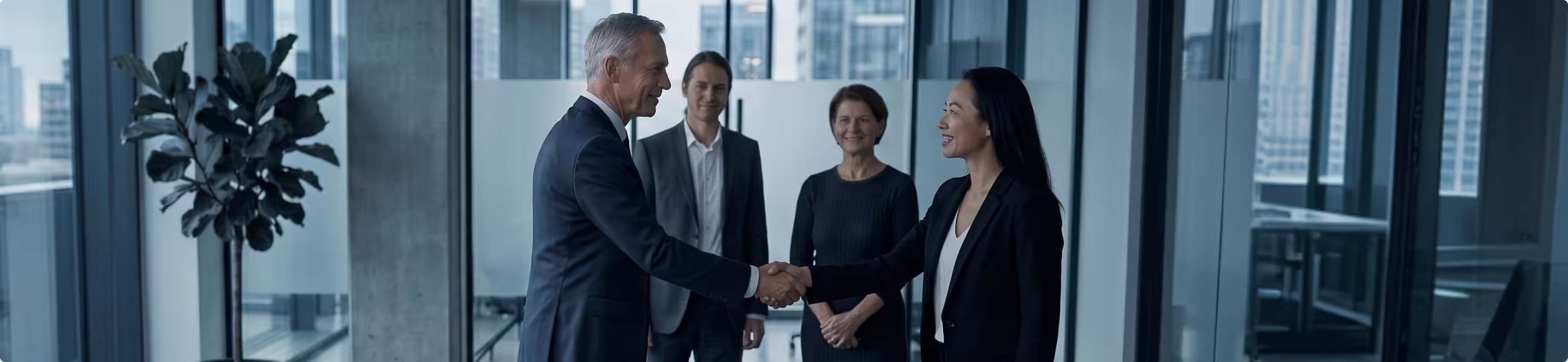 Businesspeople shaking hands in modern office with two colleagues watching and smiling behind them.