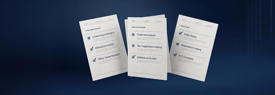 Three documents with checklists showing mismatches, missing items, and verifications on a dark blue background.