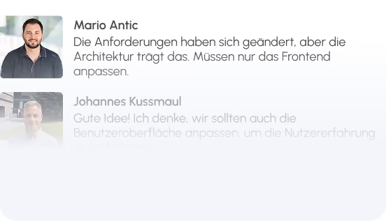 Chatverlauf zwischen Mario und Lena über geänderte Anforderungen und nötige Anpassungen an Architektur und Frontend.