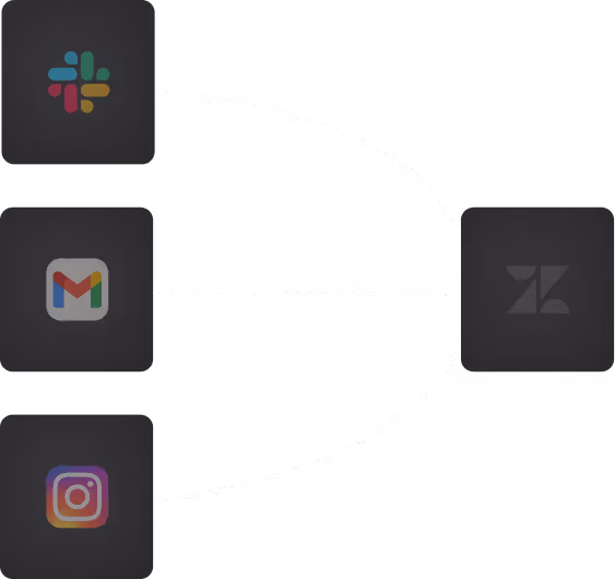 Drei App-Symbole für Slack, Gmail und Instagram links, verbunden durch gepunktete Linien zu einem einzelnen größeren Symbol rechts, das Zendesk darstellt, auf schwarzem Hintergrund.