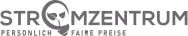 Logo mit dem Wort Stromzentrum, das ein stilisiertes weißes Stromsymbol und einen Pfeil als O zeigt, darunter der Text Persönlich Faire Preise.