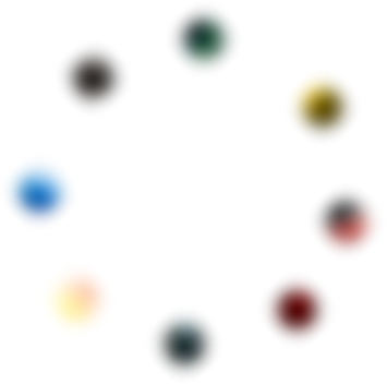 A circular arrangement of eight rounded color blobs with a soft glow: black, dark green, yellow, red and black gradient, dark red, dark teal, light peach, and blue.