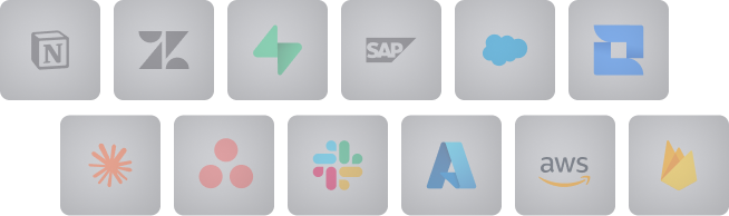 Zwölf quadratische Symbole repräsentieren verschiedene Softwareplattformen, darunter Notion, Zendesk, Lightricks, SAP, Salesforce, Bitbucket, Hotjar, Asana, Slack, Microsoft Azure, AWS und Firebase, angeordnet in zwei Reihen auf grauem Hintergrund.