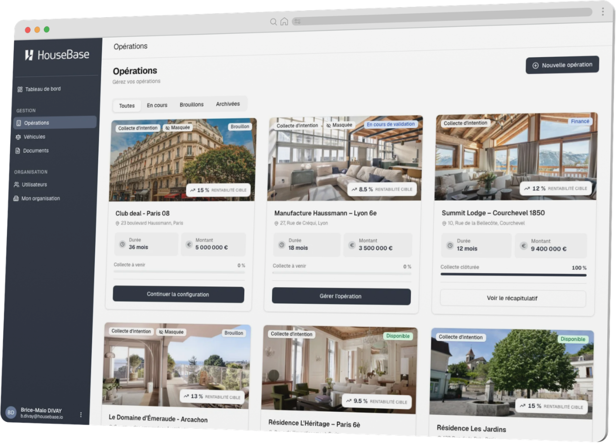 Galerie des opérations dans la plateforme HouseBase en marque blanche