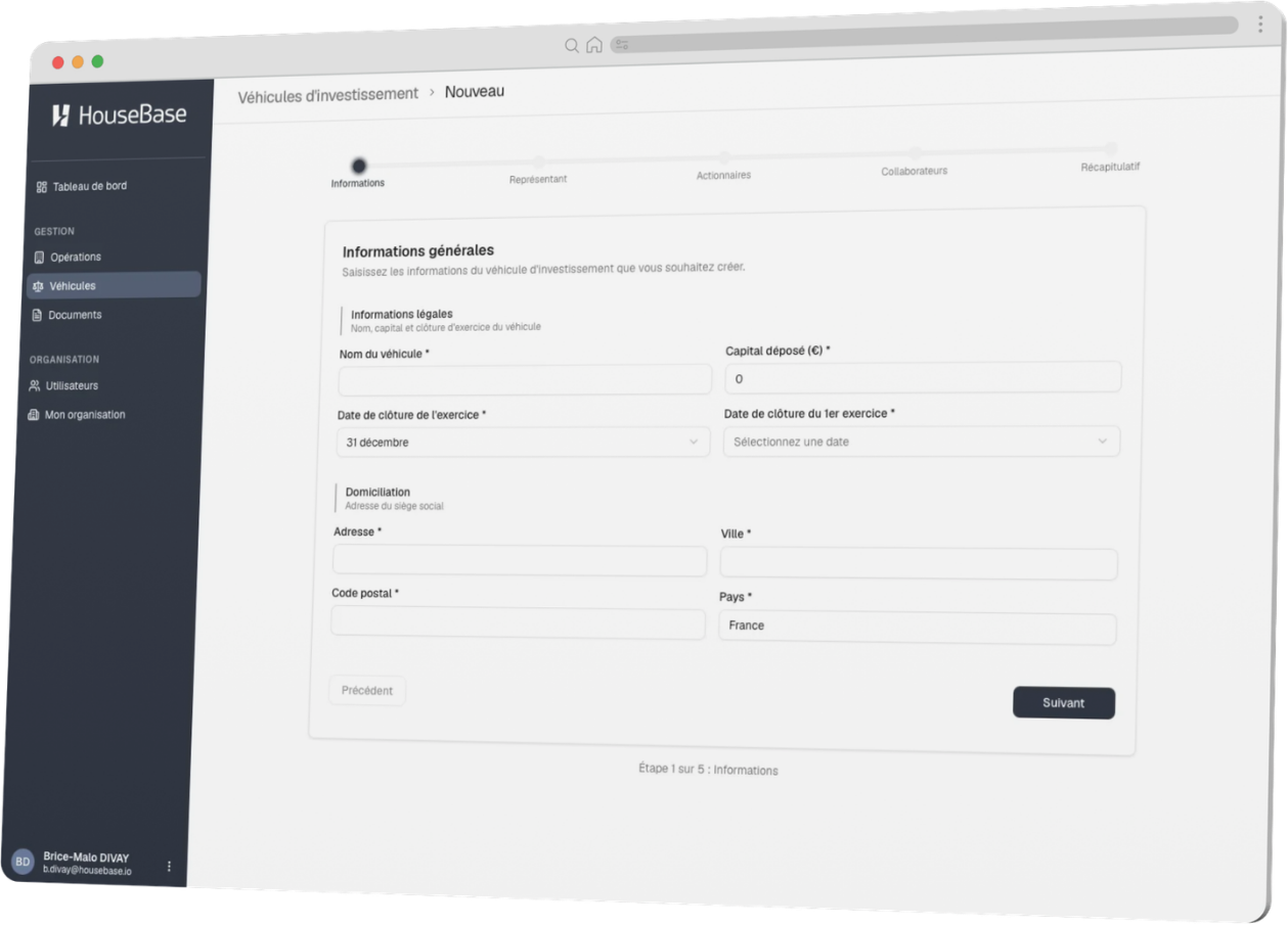 Création guidée d'un véhicule d'investissement dans la plateforme HouseBase
