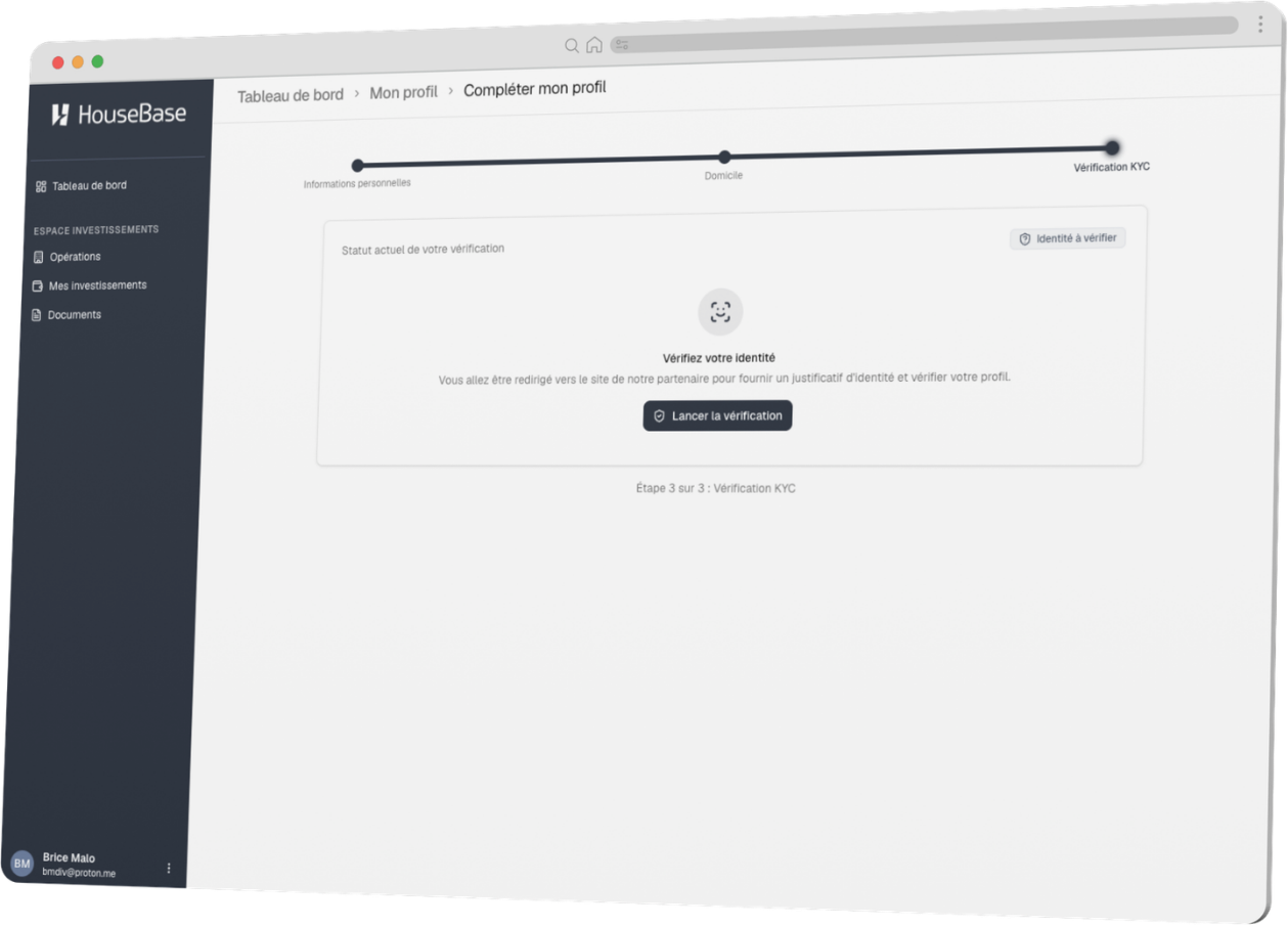 Parcours de vérification d'identité KYC dans l'espace investisseur HouseBase