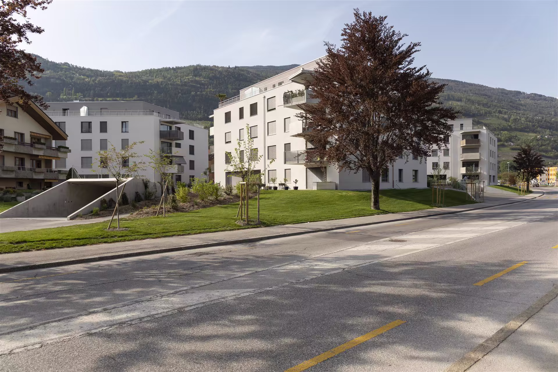 Quartier résidentiel avec bâtiments blancs modernes, arbres, pelouse verte, route vide avec passage piéton, montagnes boisées en arrière-plan.