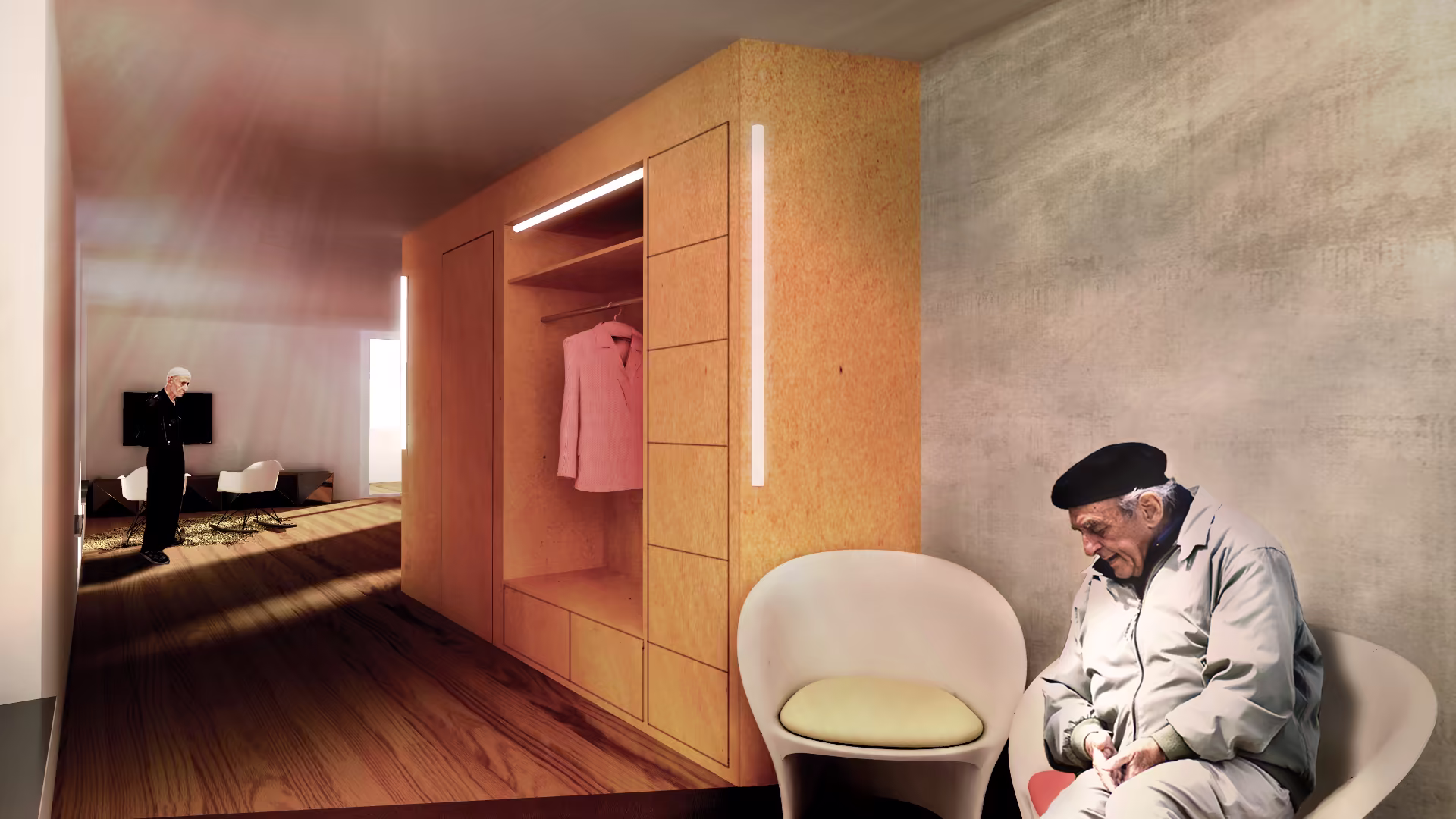 Deux hommes âgés dans un intérieur moderne avec un sol en bois, un meuble de rangement avec un manteau rose et deux fauteuils blancs.