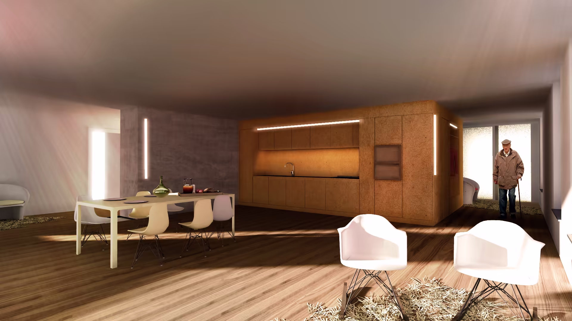 Appartement moderne avec cuisine en bois, table à manger avec chaises, fauteuils blancs et une personne âgée avec canne près d’une baie vitrée.