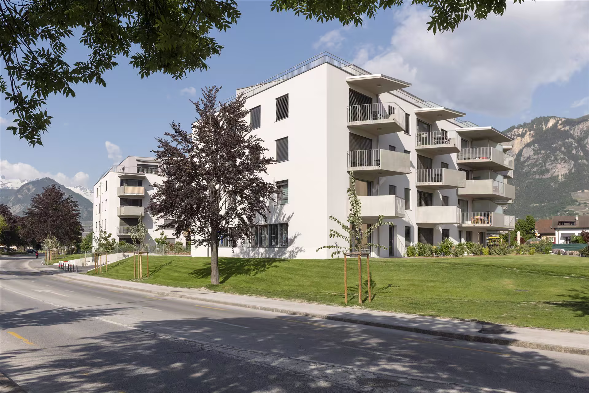 Bâtiments résidentiels modernes blancs avec balcons, arbres, pelouse verte, route au premier plan et montagnes enneigées en arrière-plan sous ciel partiellement nuageux.