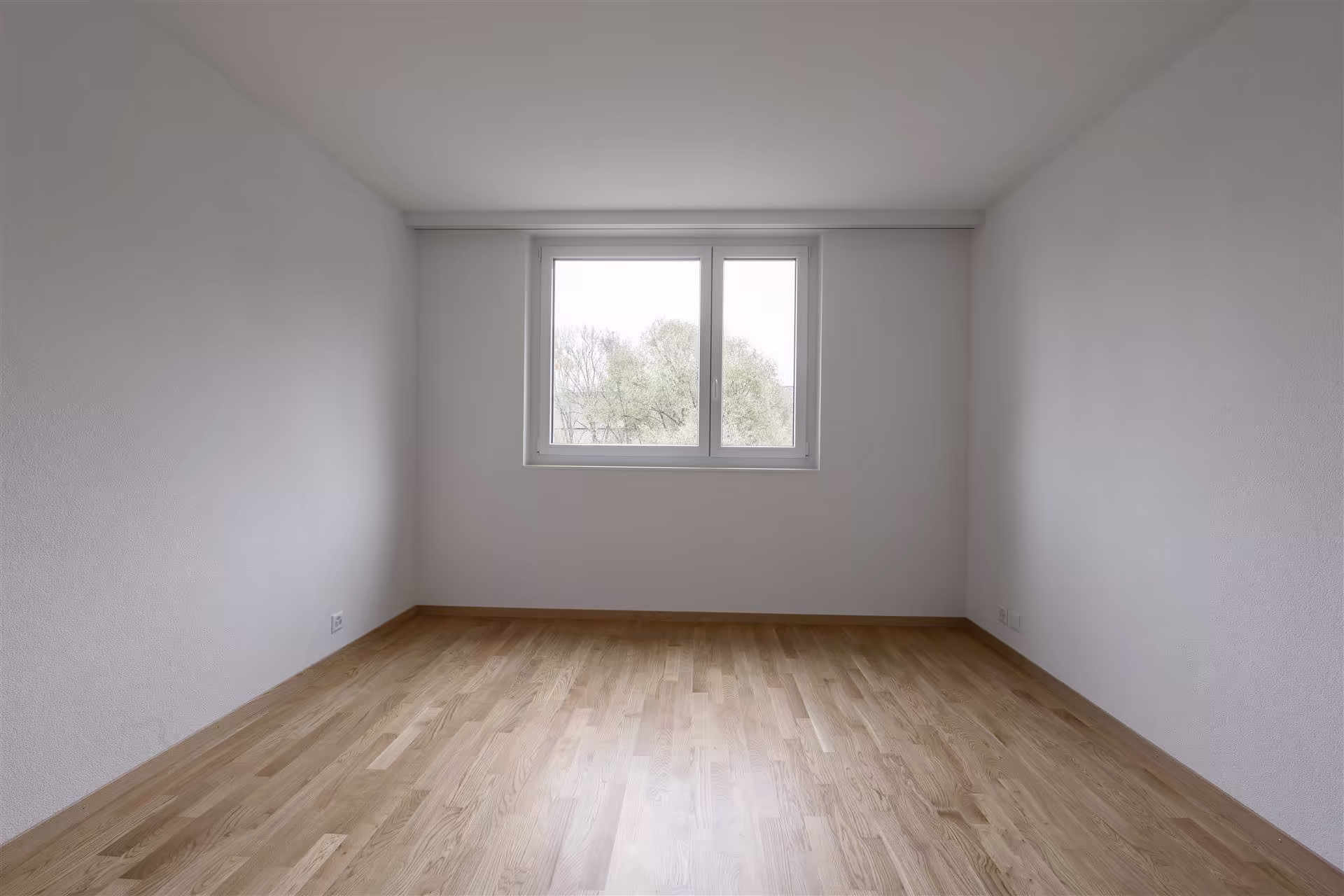 Chambre vide avec parquet clair, murs et plafond blancs, grande fenêtre double donnant sur des arbres.