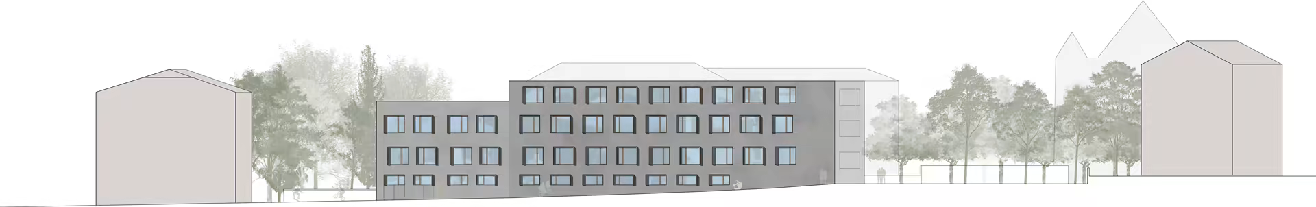 Façade avant d’un bâtiment gris de quatre étages avec des fenêtres rectangulaires alignées, entouré d’arbres et de deux autres bâtiments plus petits.