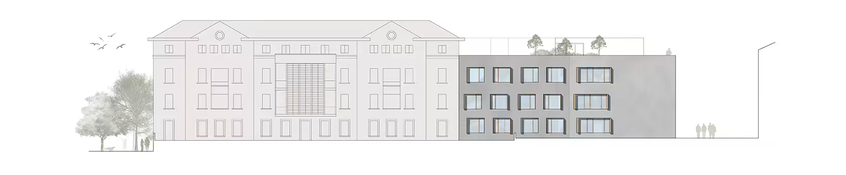 Façade d’un bâtiment ancien à gauche et extension moderne rectangulaire à droite avec fenêtres carrées, arbres et silhouettes humaines, fond blanc.