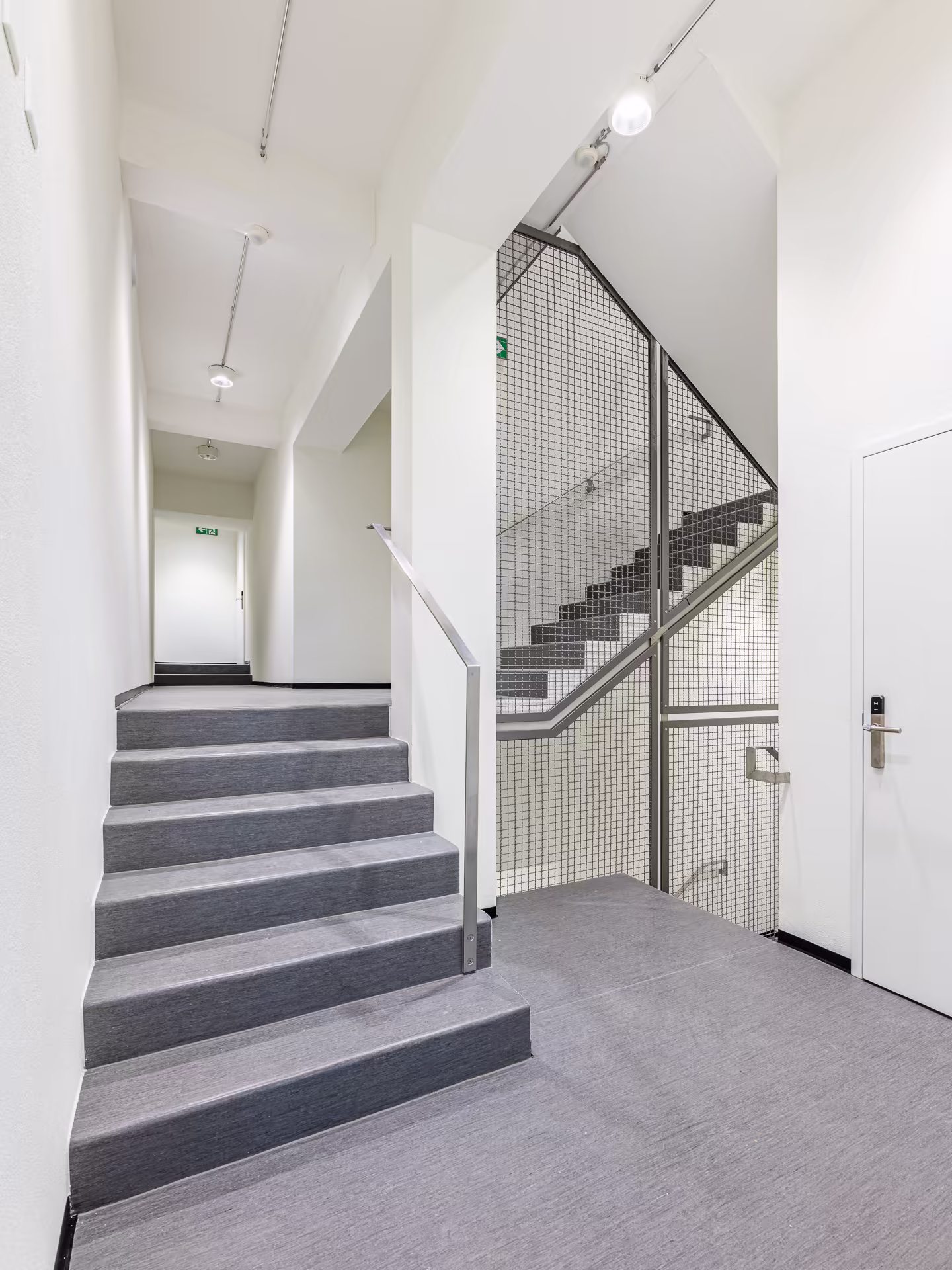 Escalier intérieur d'un bâtiment moderne avec marches recouvertes de revêtement gris, murs blancs, rambarde métallique et porte blanche à droite.