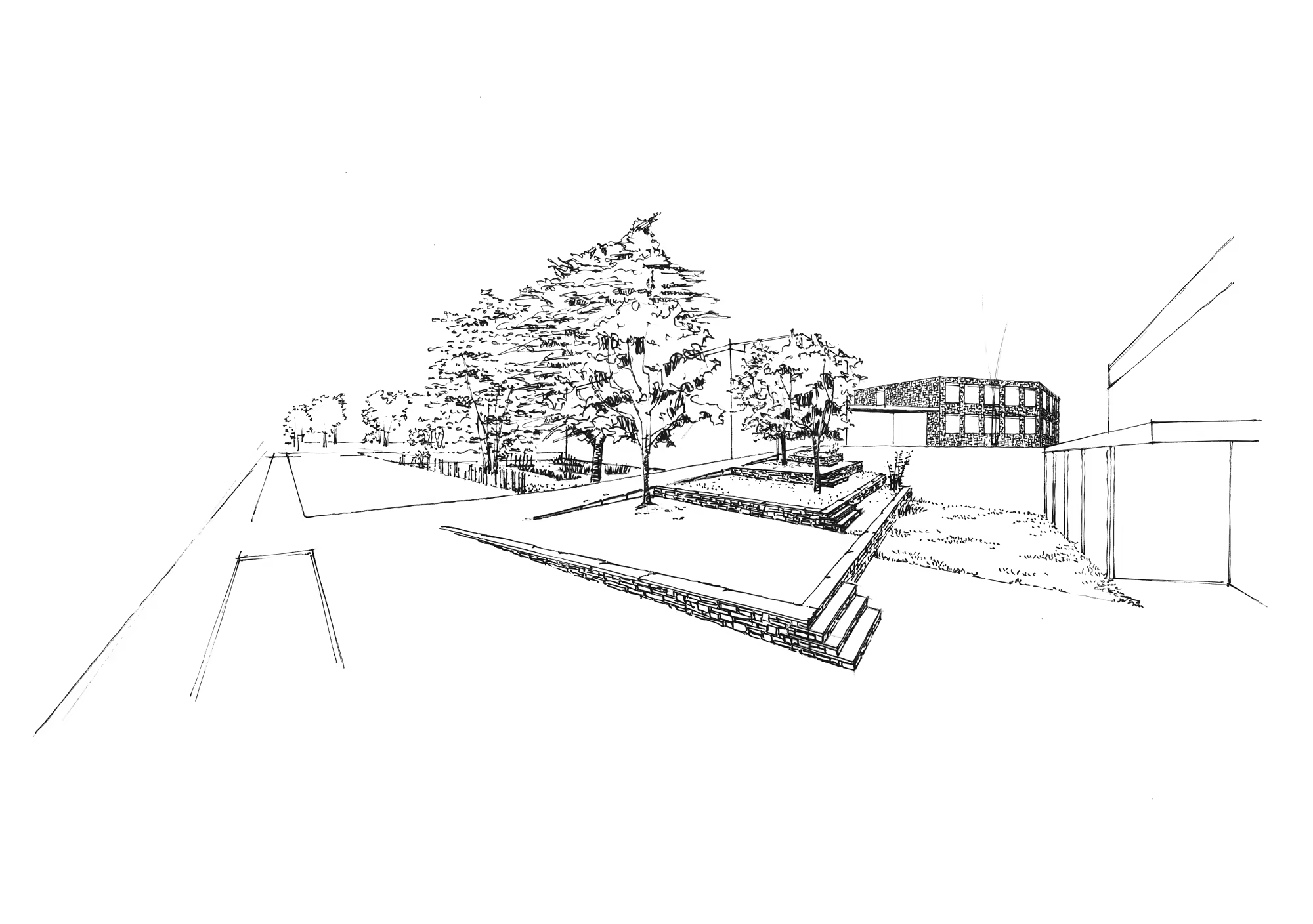 Perspective architecturale en noir et blanc montrant un espace extérieur avec arbres, terrasses surélevées, escaliers, et un bâtiment en arrière-plan.