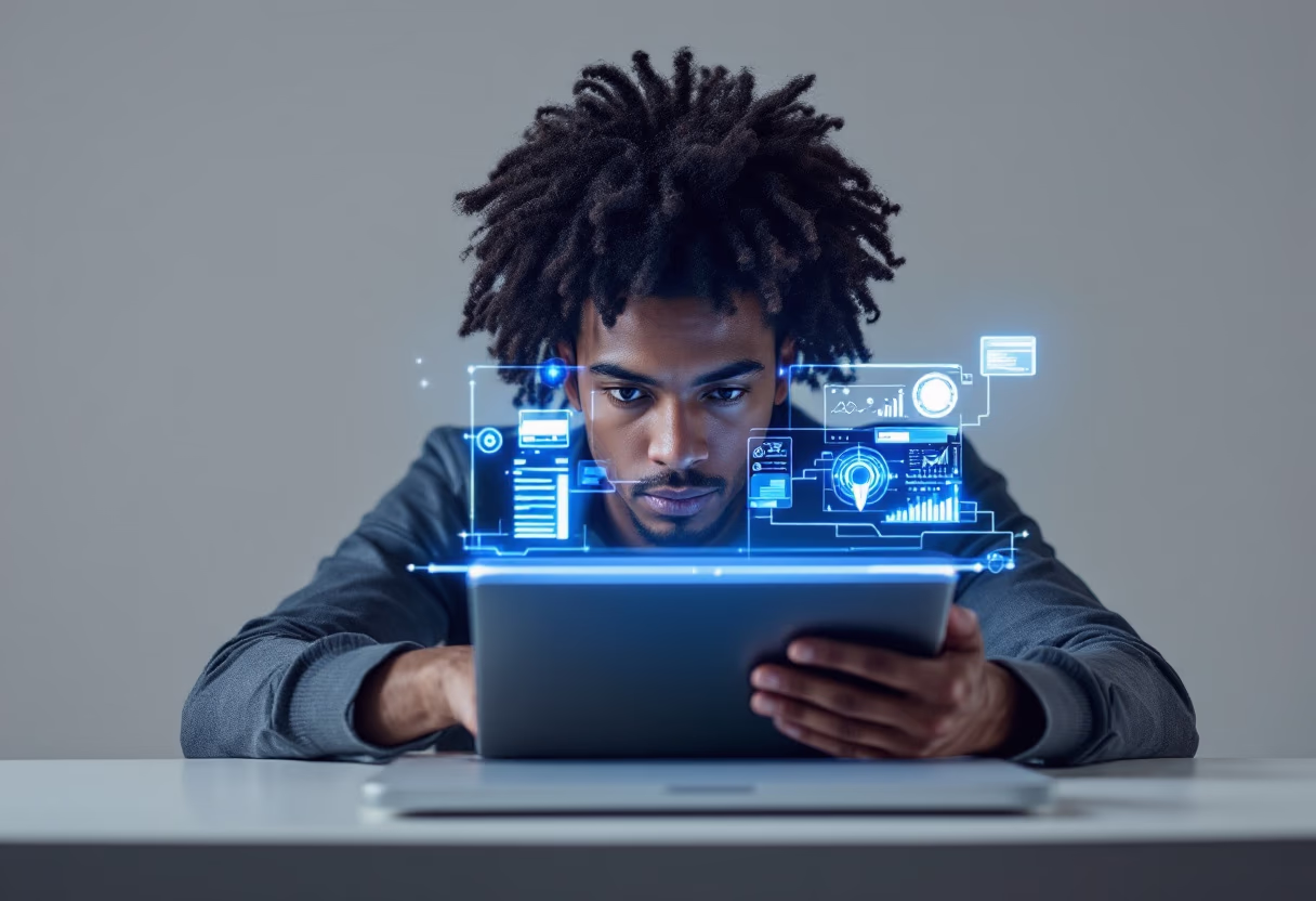 image of a person interacting with a futuristic holographic display on a laptop
