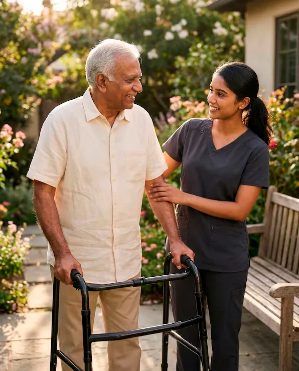 A carer smiles at an older man walking with a frame in a sunny garden
