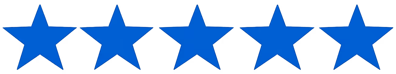 Five blue stars arranged in a horizontal row on a transparent background.
