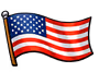 Waving American flag with 50 white stars on blue and 13 red and white stripes against black background.