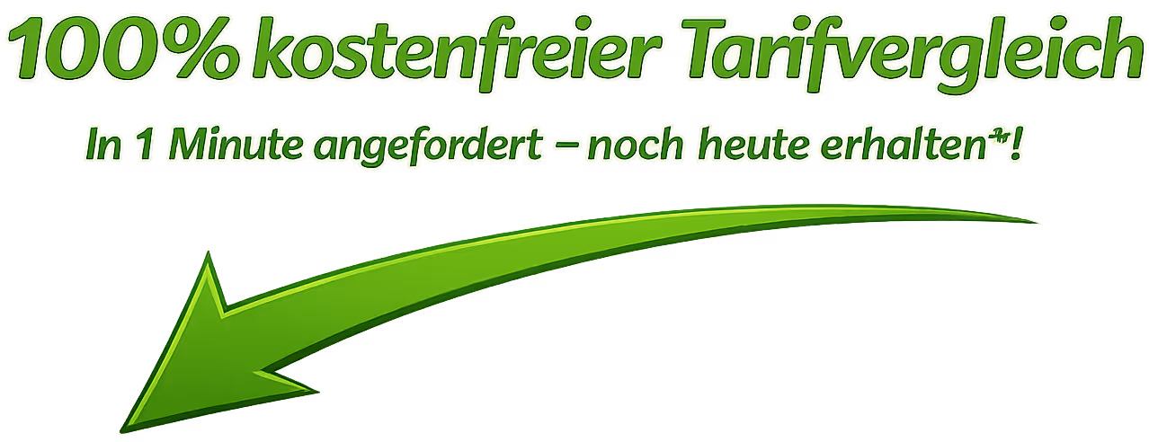 Green text stating 100% free tariff comparison and fast request with a large green arrow pointing down left.