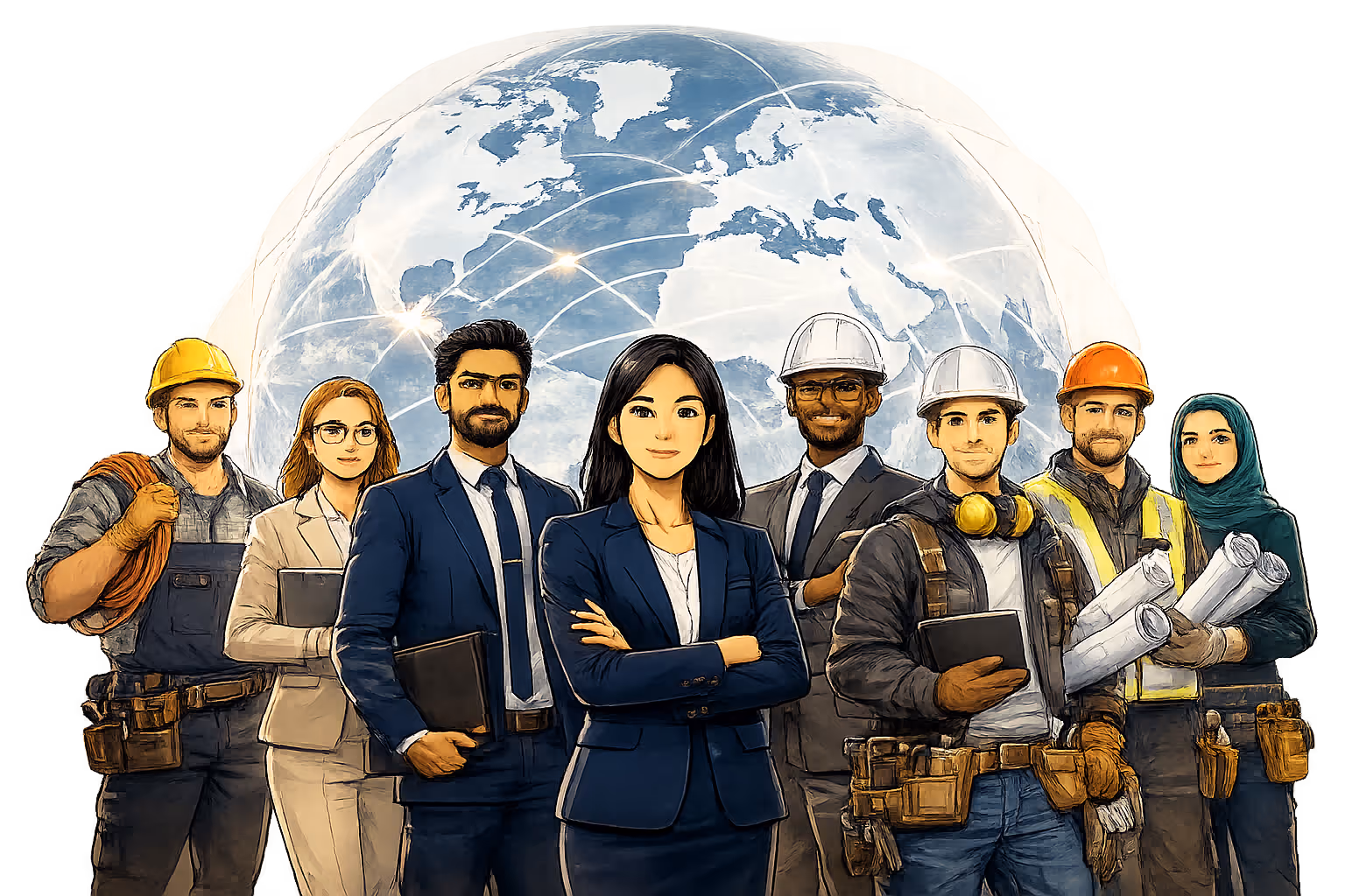 Diverse professionals including engineers and businesspeople standing confidently in front of a globe with network lines.