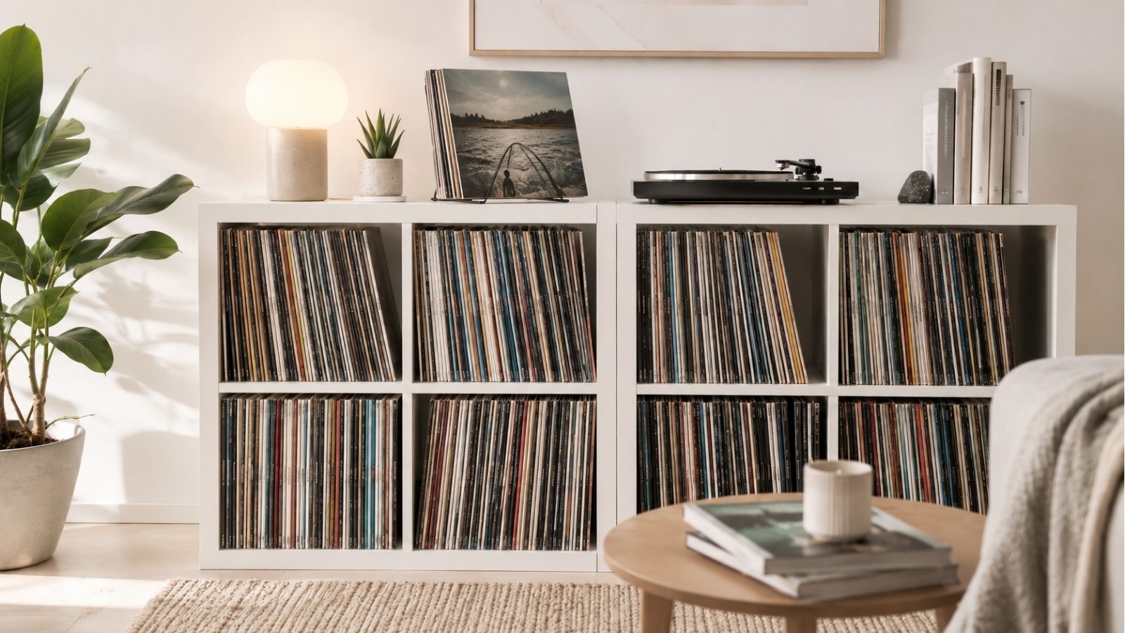 Schallplattensammlung im Holzregal mit Vinyl-Sammler in 2026. VinylRecordsLove