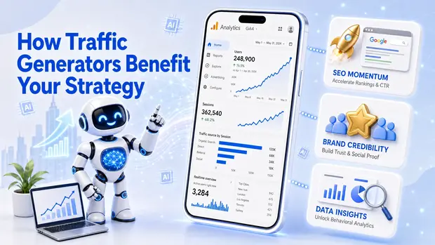 AI robot showing website traffic analytics and SEO growth insights