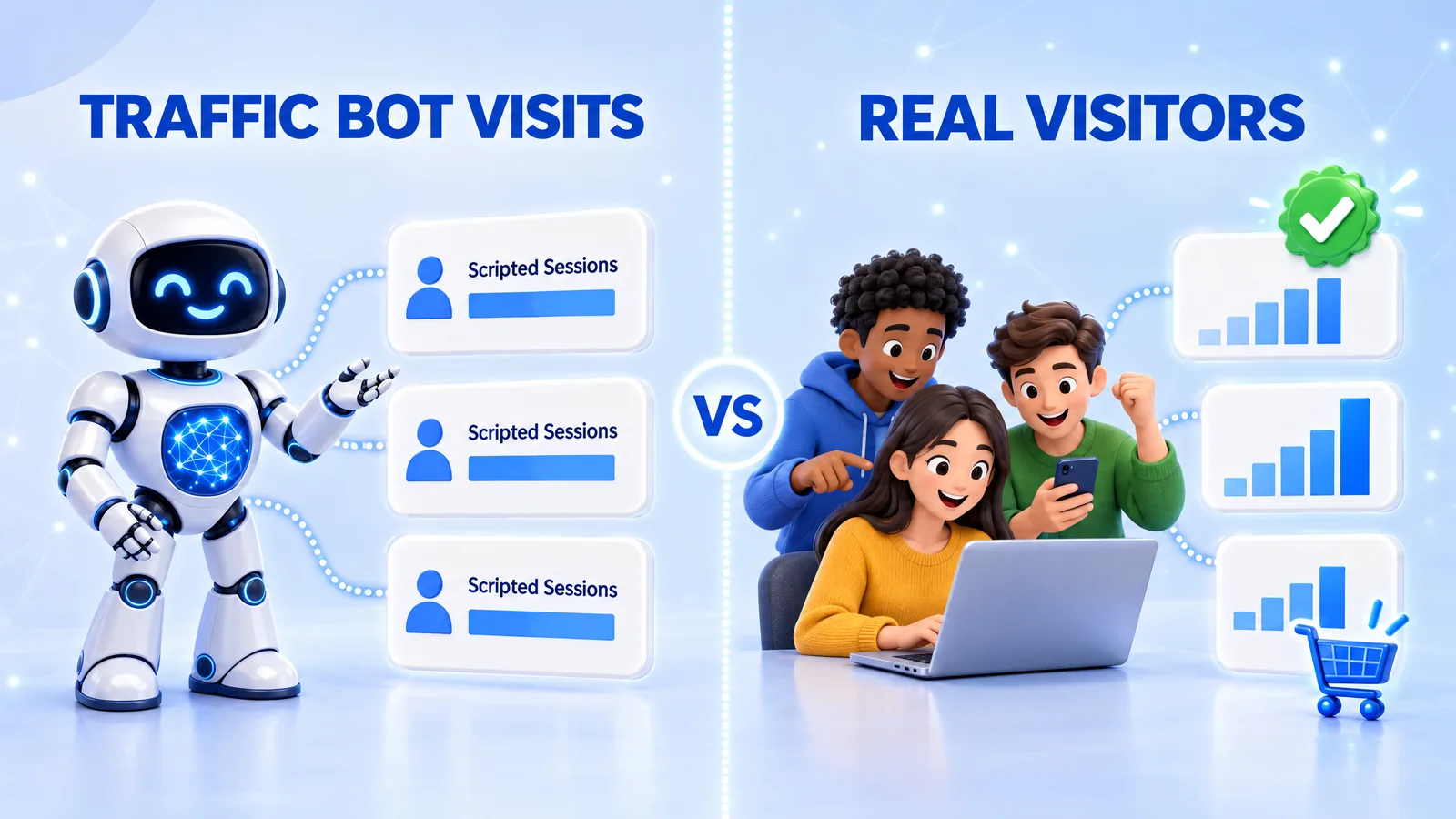 Traffic bot visits compared with real visitors: scripted sessions, no conversions and fixed paths on one side, varied engagement, sign-ups and return visits on the other