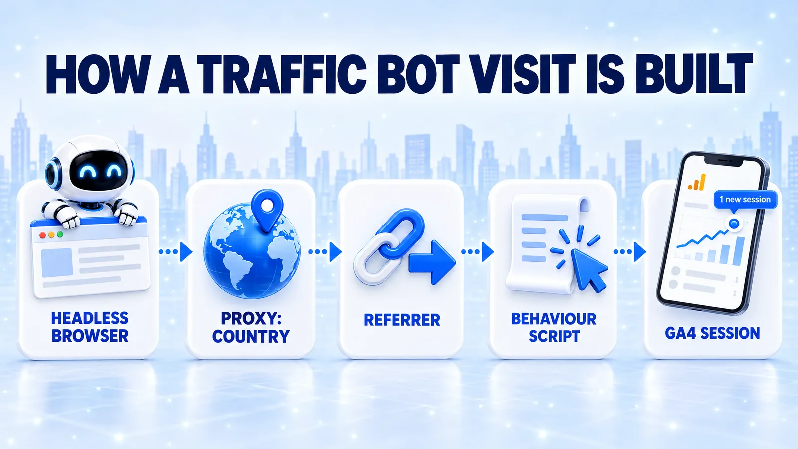 How a traffic bot visit is built: a headless browser, a proxy in the chosen country, a referrer and a behaviour script produce one session in GA4