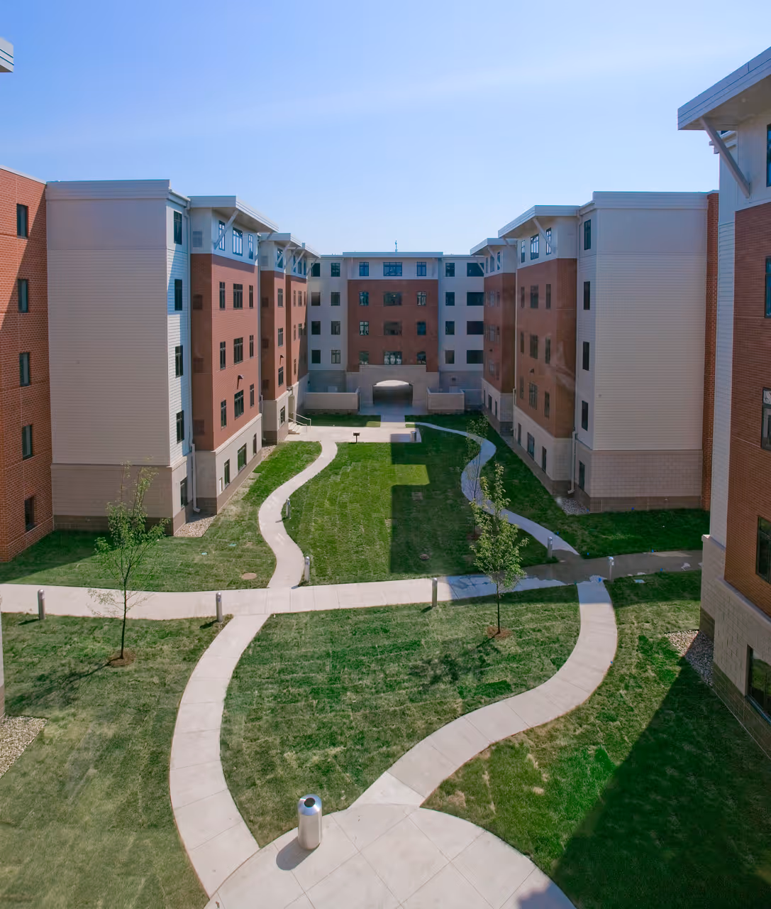 Drake West Village exterior with walking paths