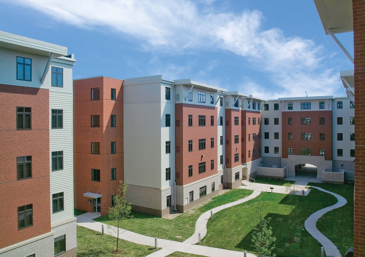Exterior of Drake West Village with walking paths