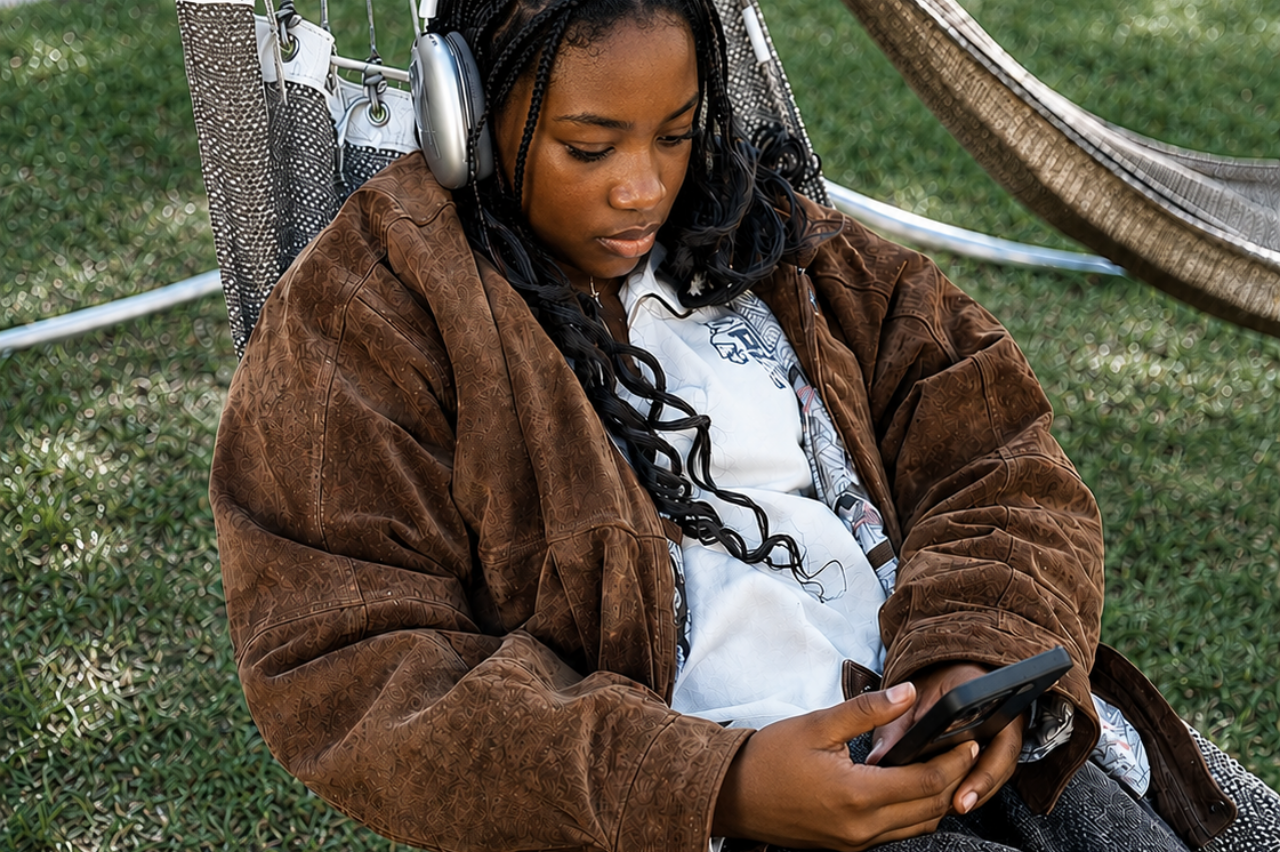 Girl on hammock with headphones and phone