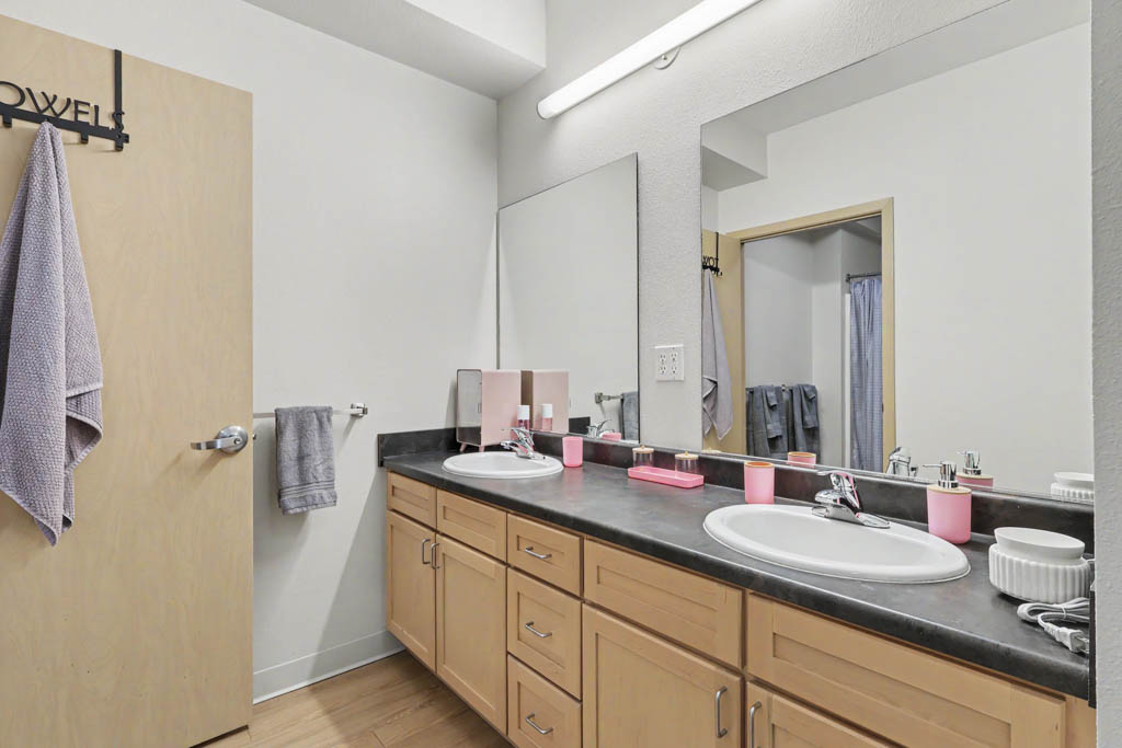 Bathroom with light wood cabinets and vanity