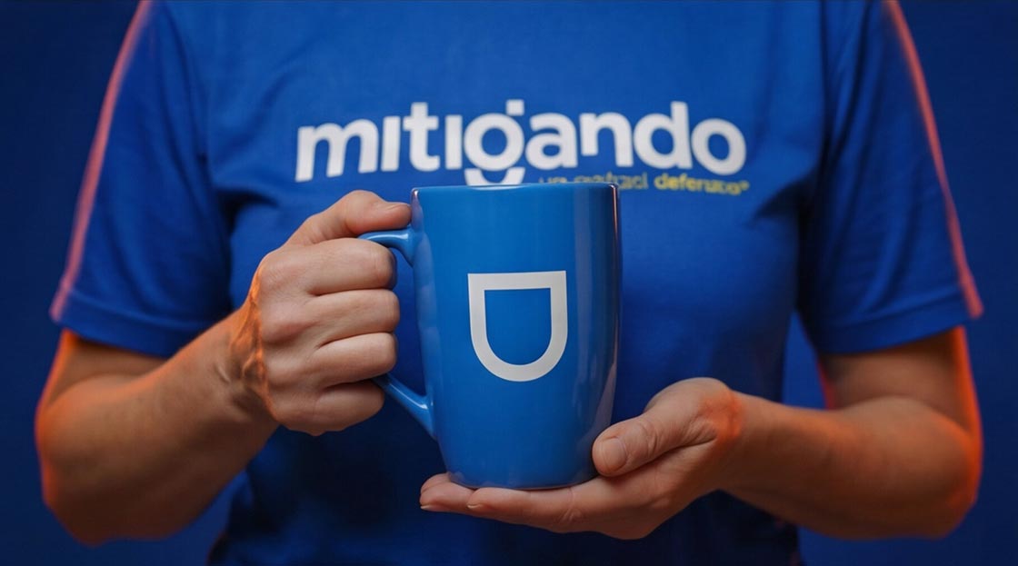 Pessoa segurando uma caneca azul com com signo defensive branco.
