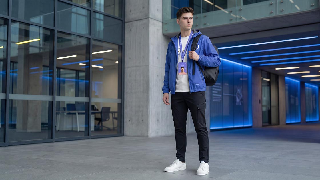 um jovem vestido com camiseta branca com marca defensive, jaqueta corta-vento azul defensive, calca preta e mochila.