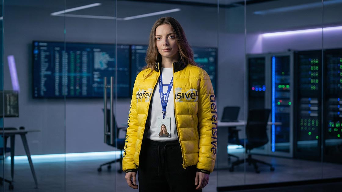 mulher lider de T.I. vestindo jaqueta amarela desensive com camiseta branca defensive e cracha defensive.