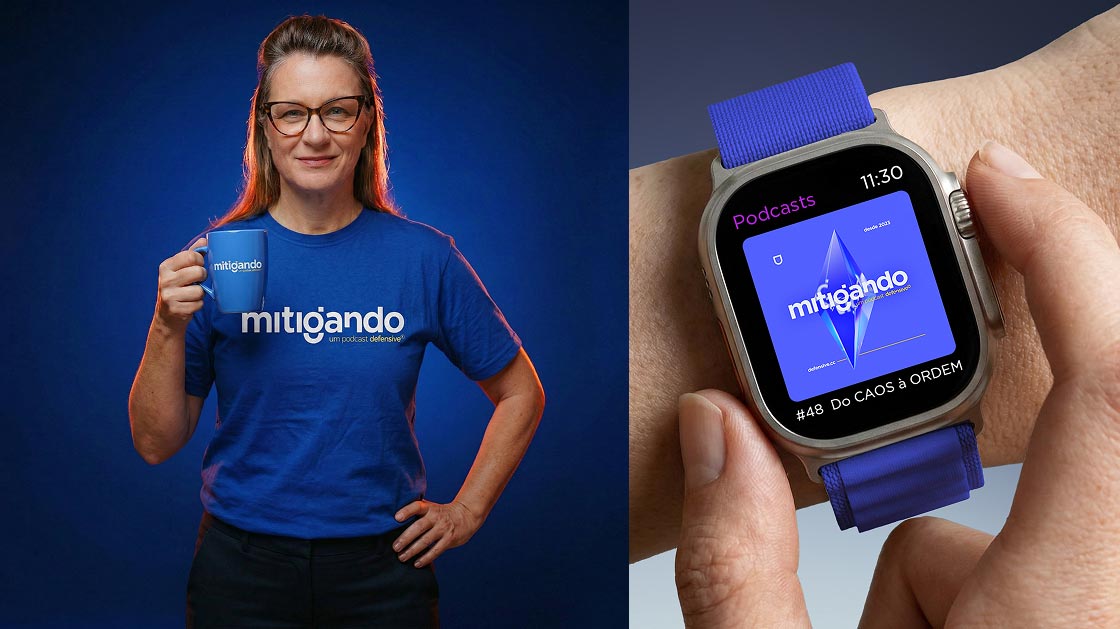 aplicação da marca mitigando em caneca, camiseta e capa no aplicativo podcast em um apple watch