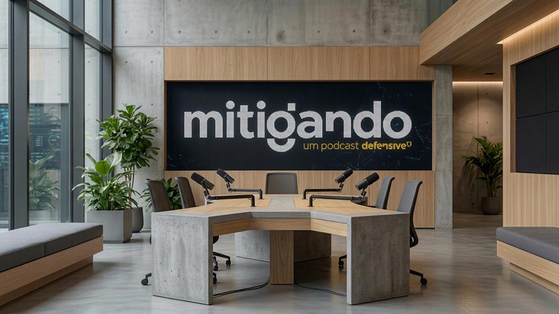 aplicação da marca mitigando no telão em um estudio de podcast