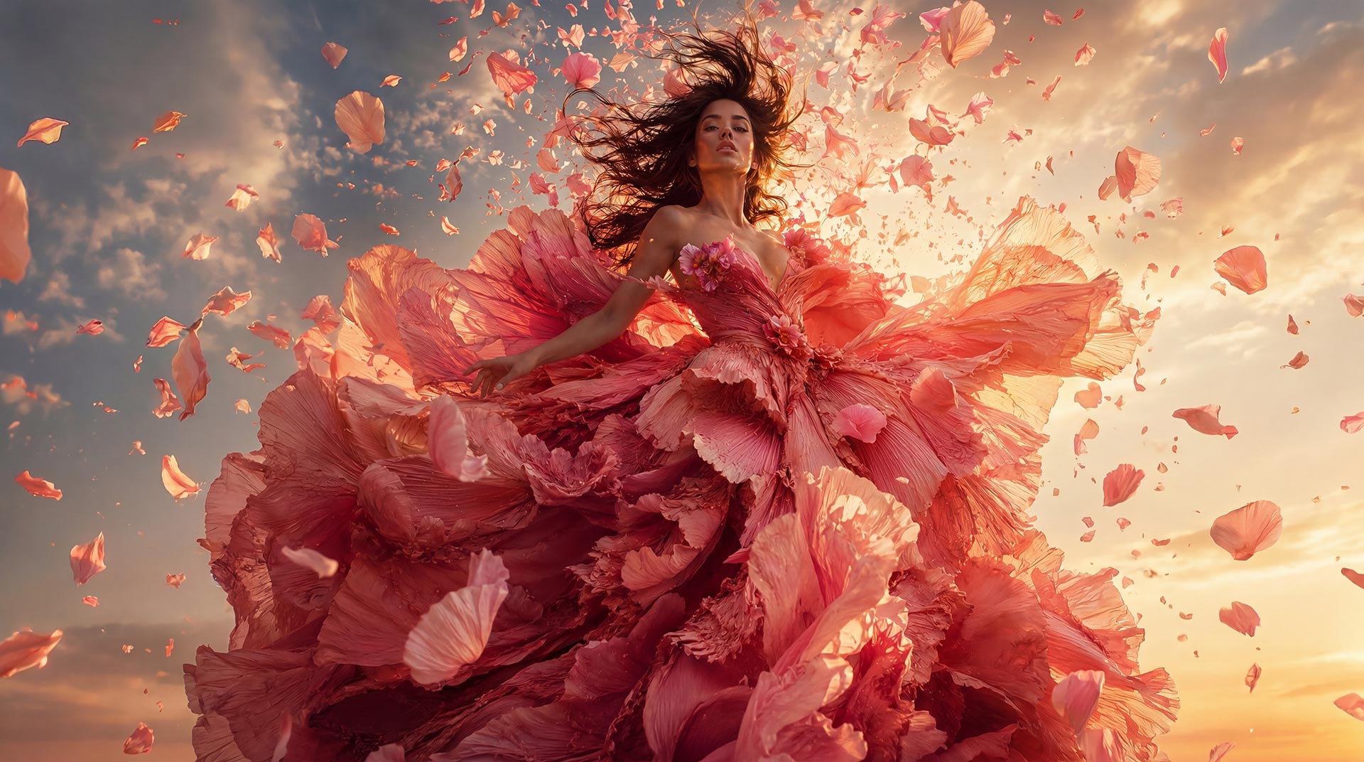 uma mulher usando um vestido deslumbrante composto por petalas de rosas desenhadas pelo vento em seu entorno.